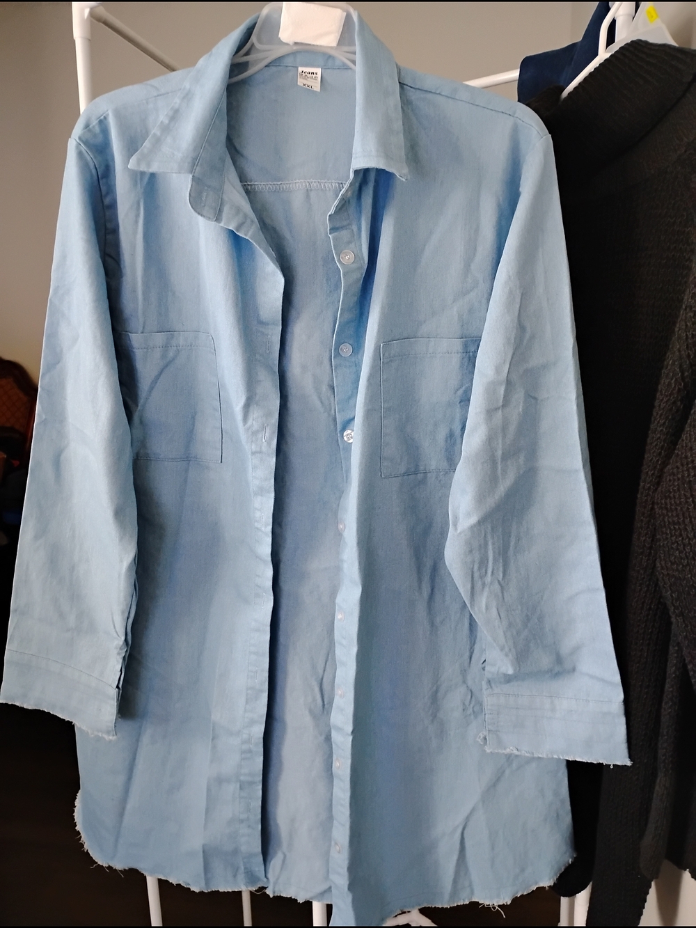 Light Blue Women Button Down Shirt Dress Collared Long Sleeve With Front Pockets